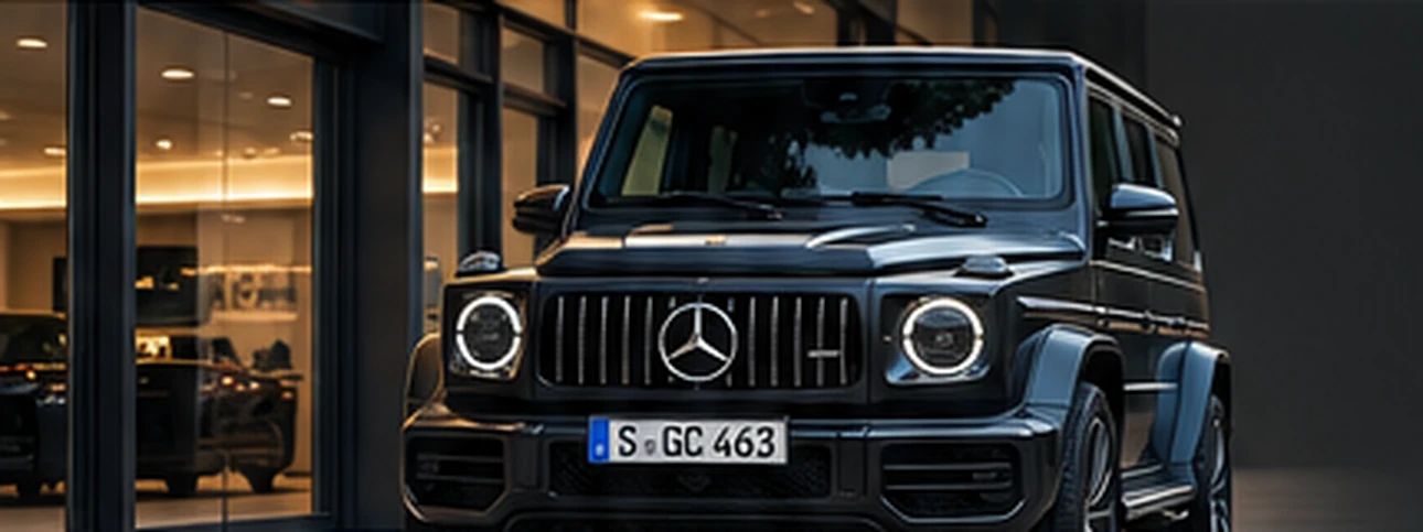 Illustrative premium vehicle parked at a modern European building